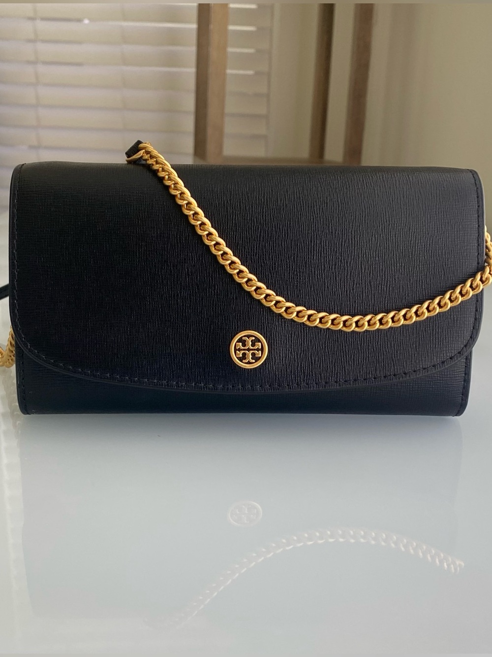 Tory Burch Black Leather Crossbody Wallet with Gold Chain